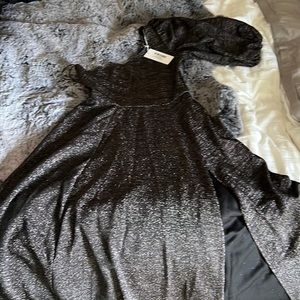 Reformation black sparkle dress with deep slit and one shoulder